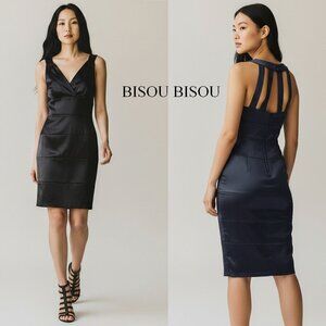 NWT Bisou Bisou Black Satin Bandage Dress Super Sexy Classy Cocktail Party Sz 10
